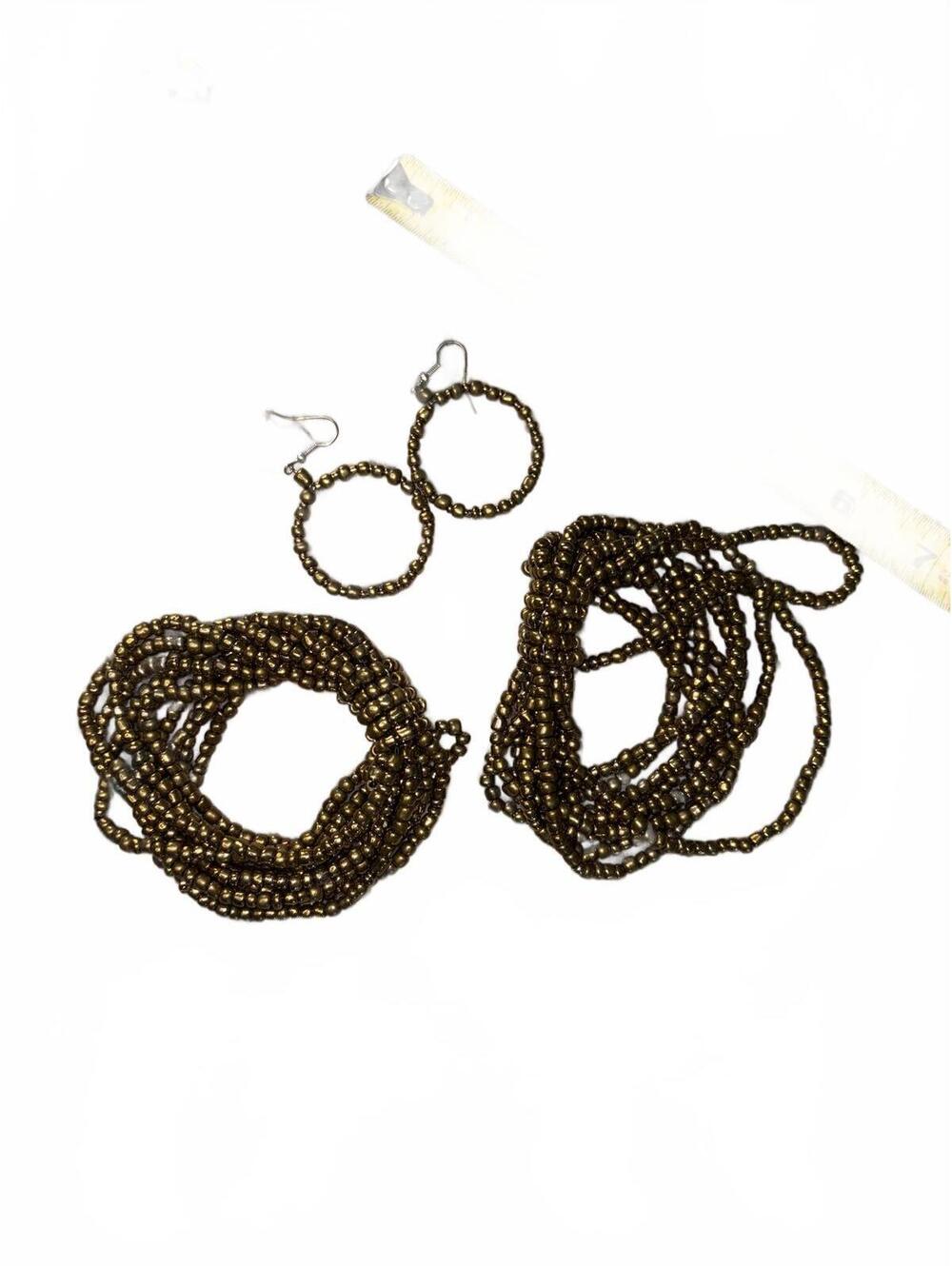 Brown Beaded Hoop Earrings and Multi-Strand Beaded Bracelets Set